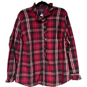 Chaps Denim Women's Plus Size Black Red White Ruffle Plaid Shirt Size 1X New